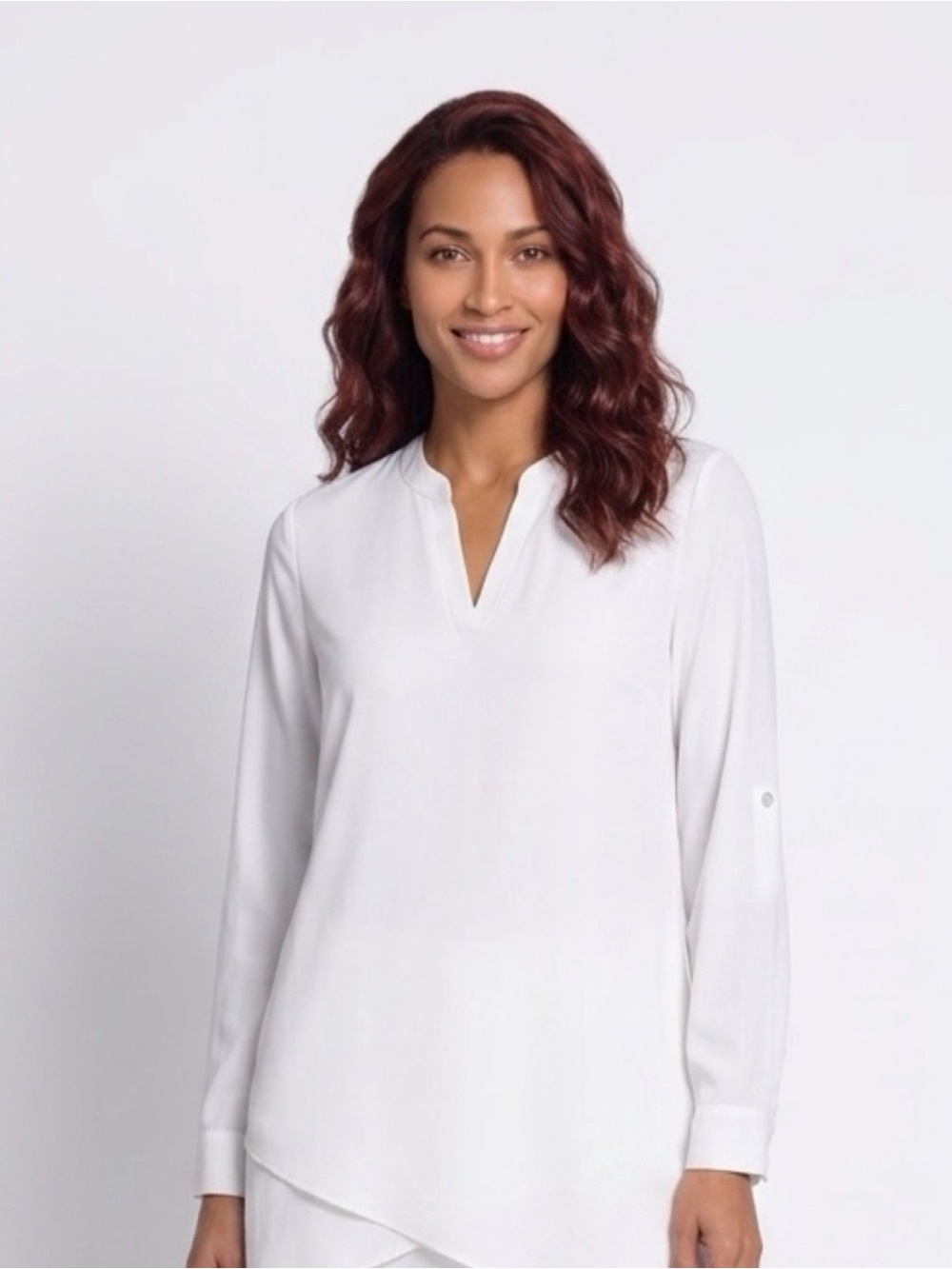 Susan Graver White Split-Neck Button-Down Tunic